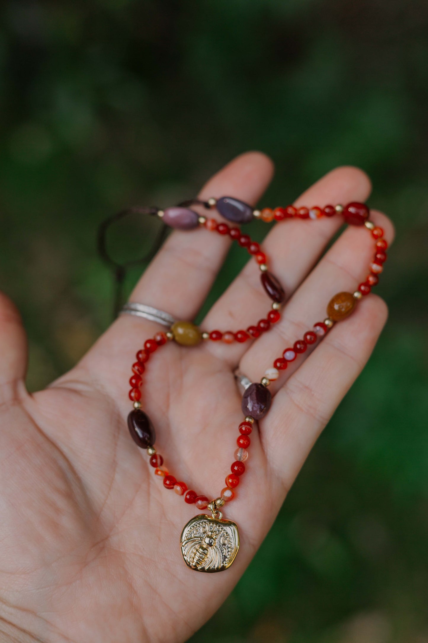 Carnelian agate & Mookaite necklace with gold plated bee pendant