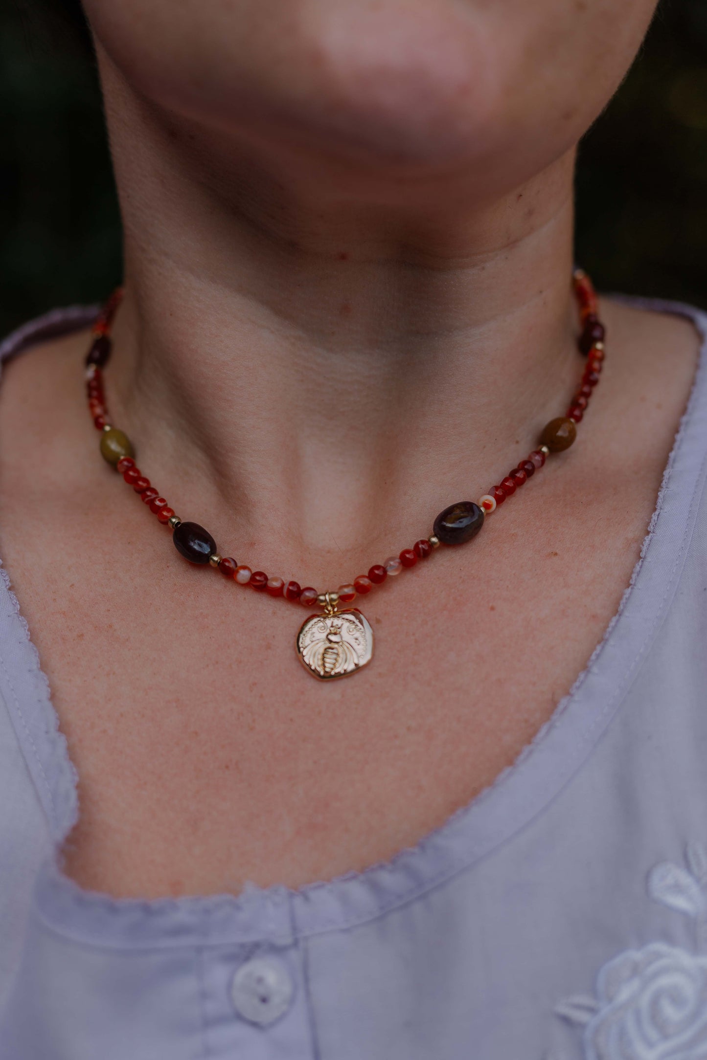 Carnelian agate & Mookaite necklace with gold plated bee pendant