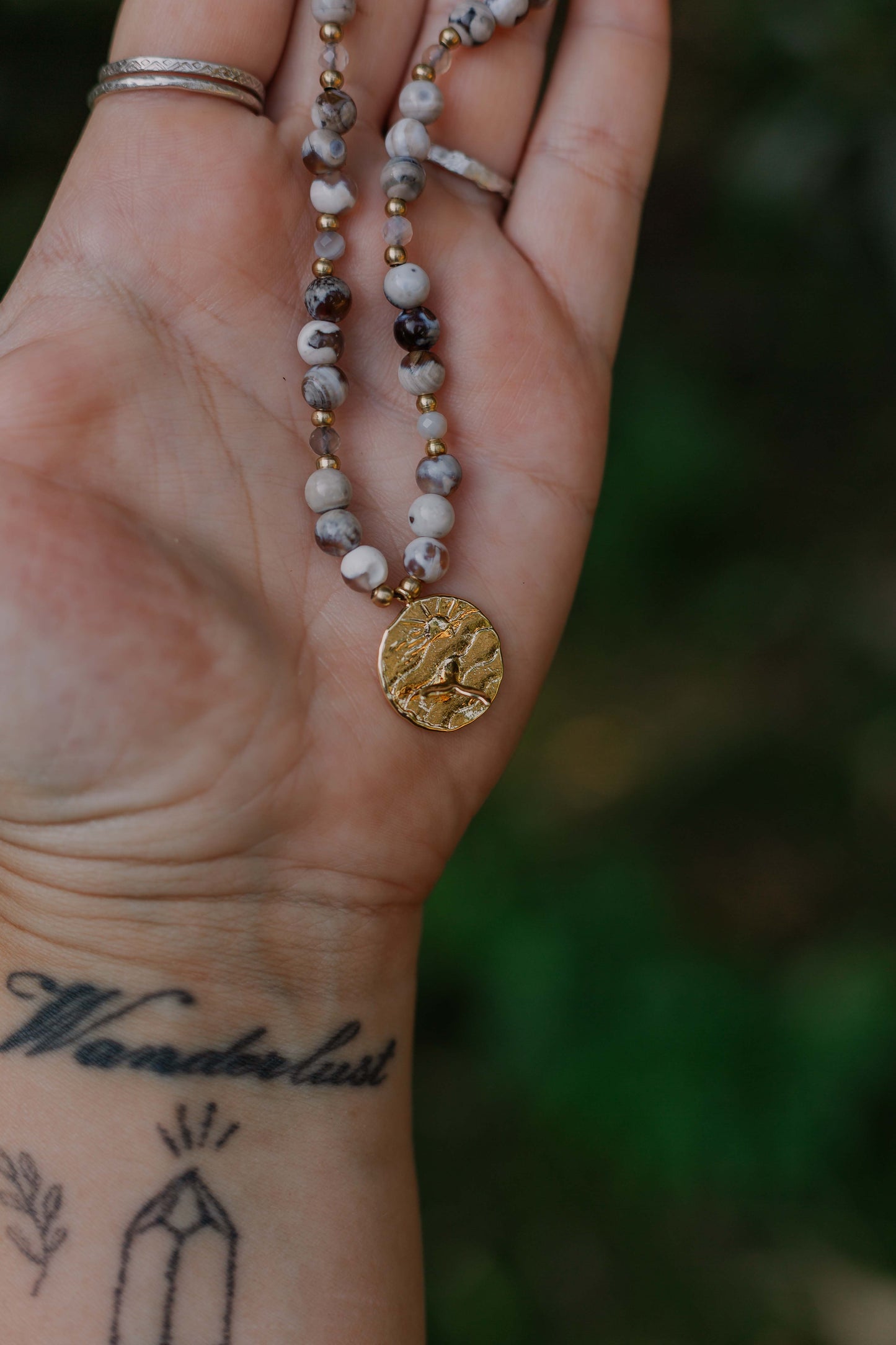 Orca agate and gold plated whale tail necklace
