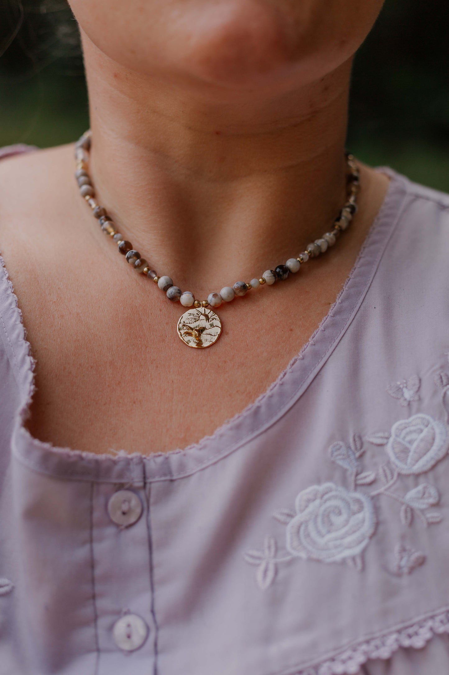 Orca agate and gold plated whale tail necklace