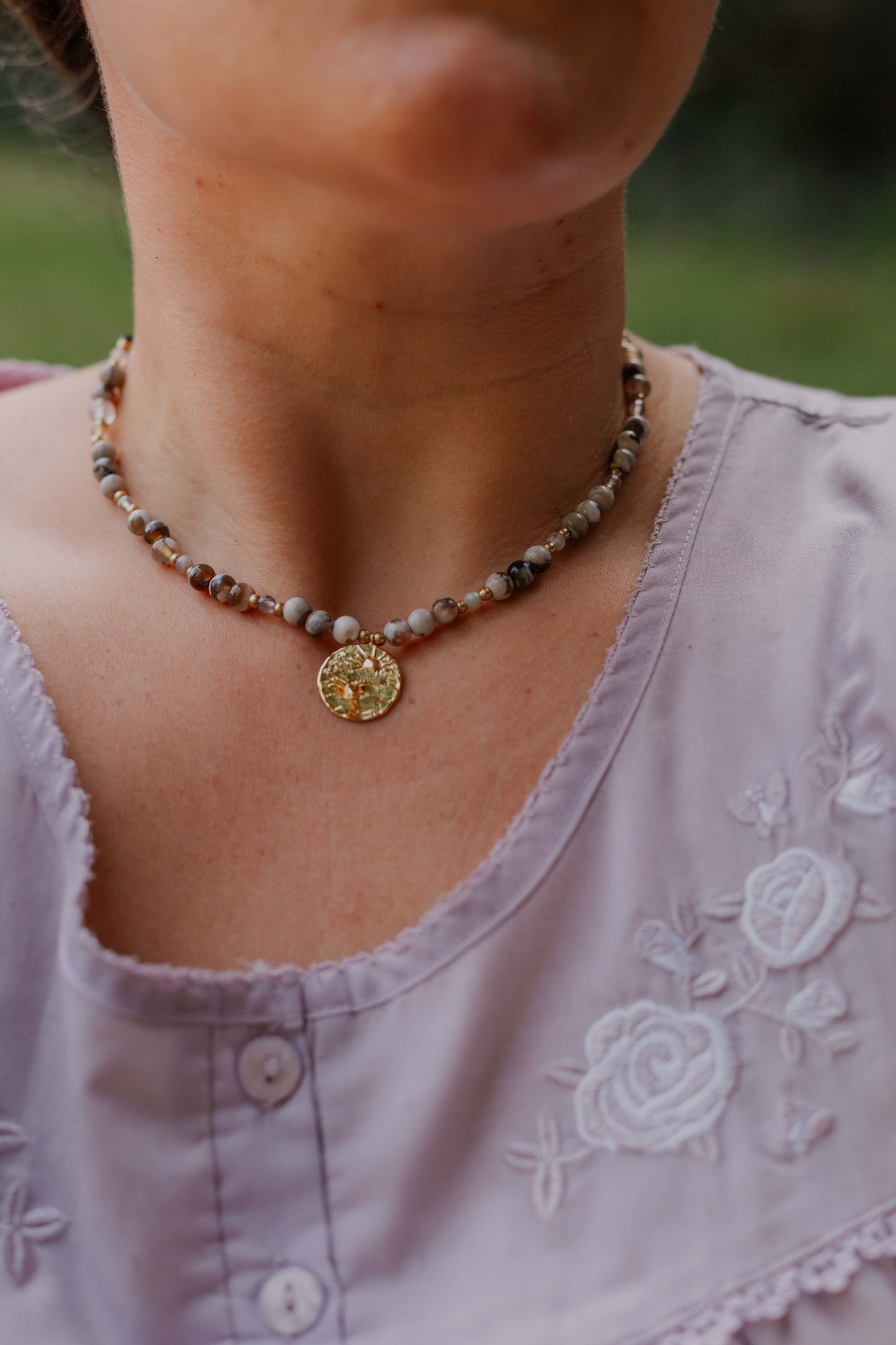 Orca agate and gold plated whale tail necklace