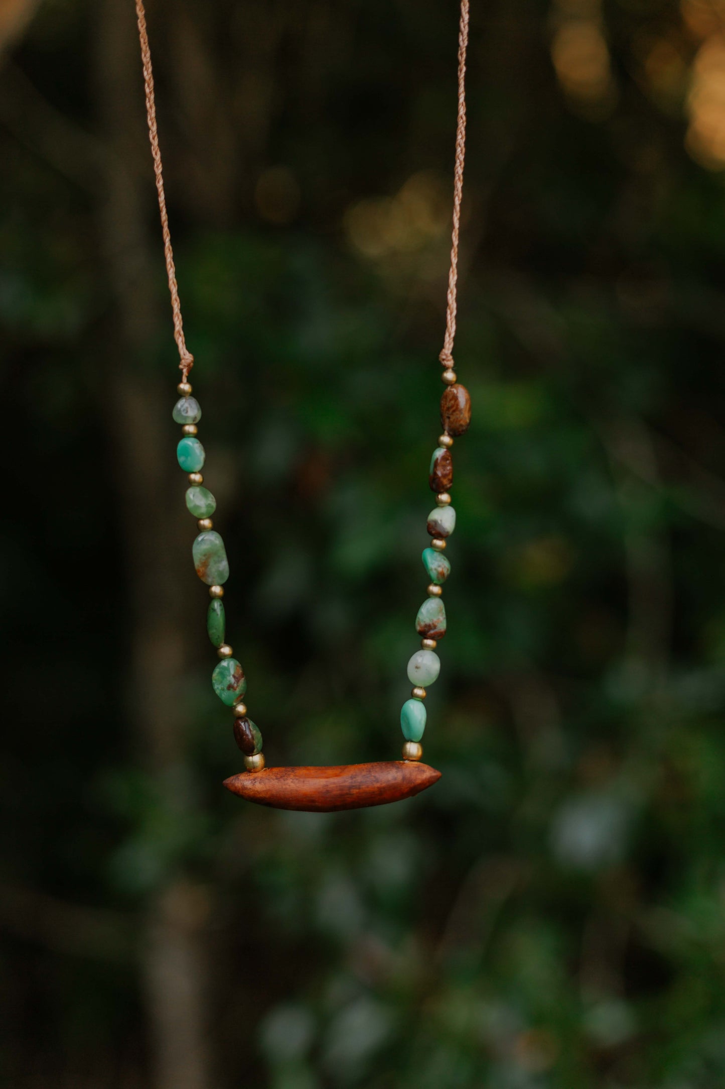 Australian chrysoprase and hand-carved Eucalyptus timber necklace