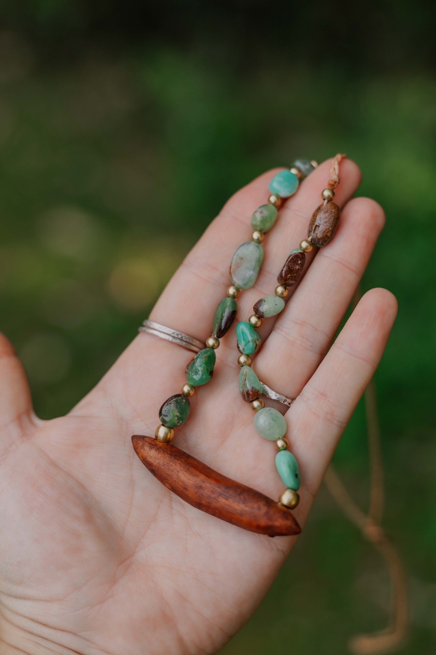 Australian chrysoprase and hand-carved Eucalyptus timber necklace