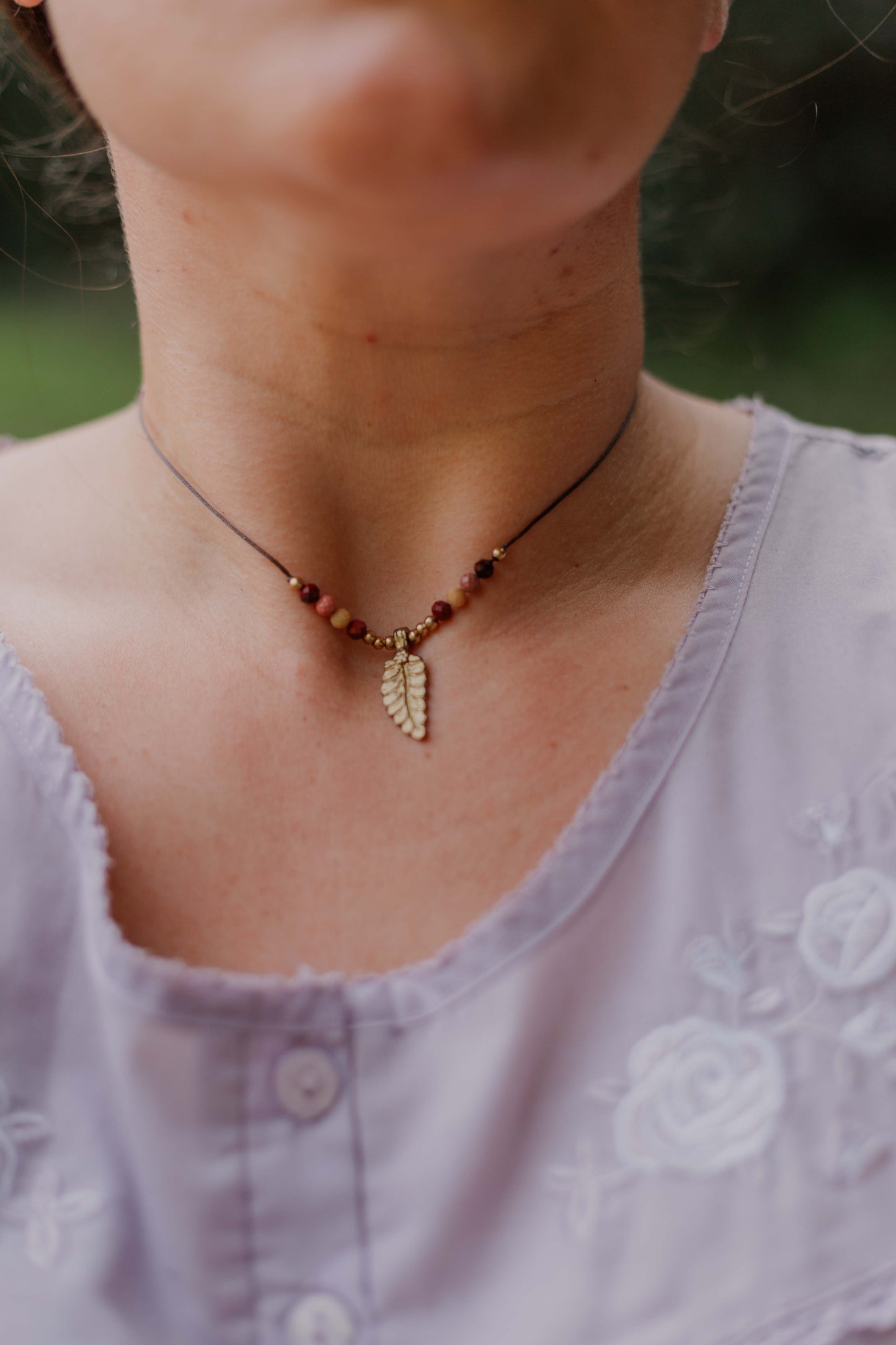 Dainty faceted mookaite and brass leaf necklace