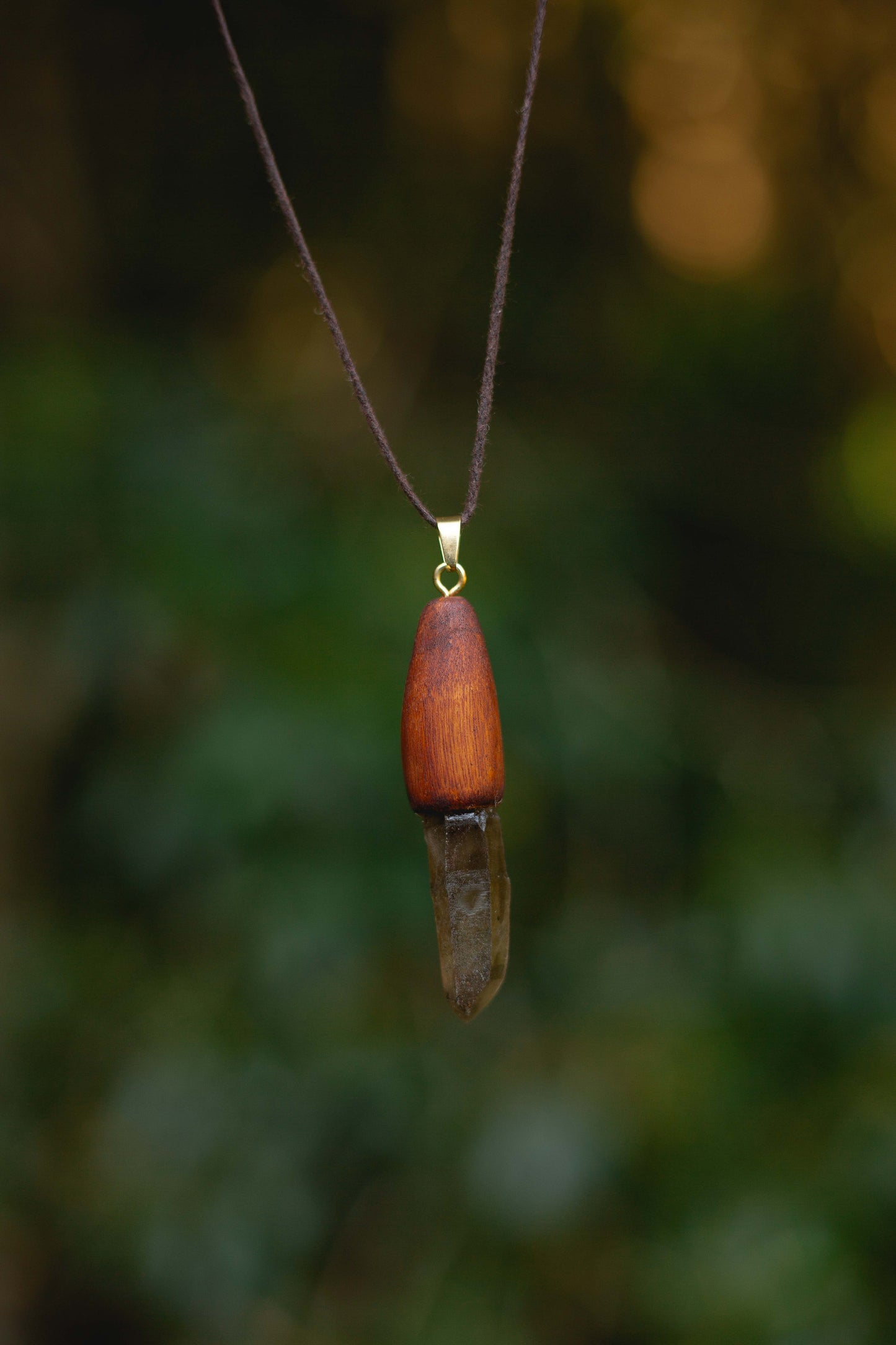 Hand dug Australian smoky quartz and eucalyptus timber pendant