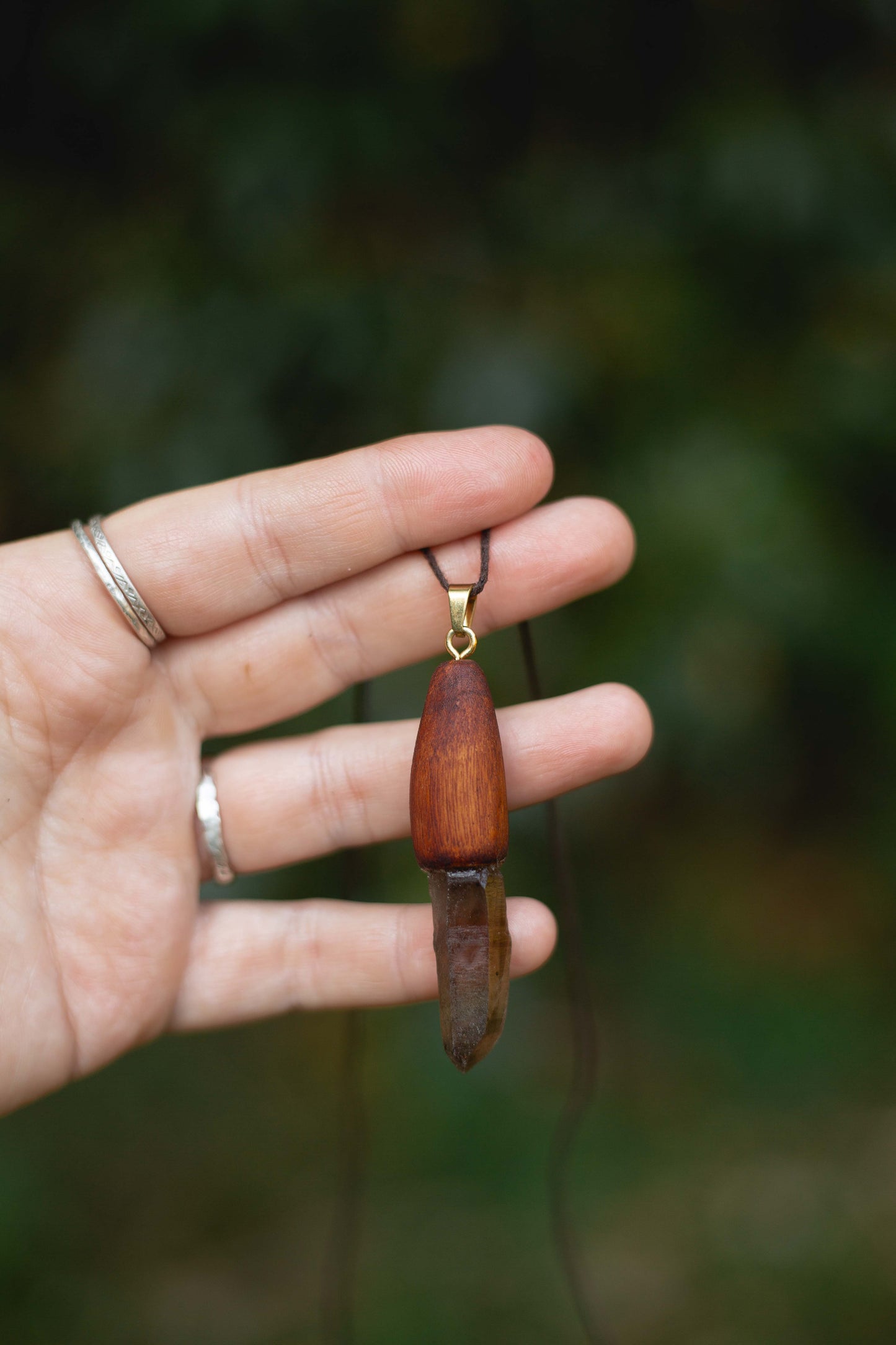 Hand dug Australian smoky quartz and eucalyptus timber pendant