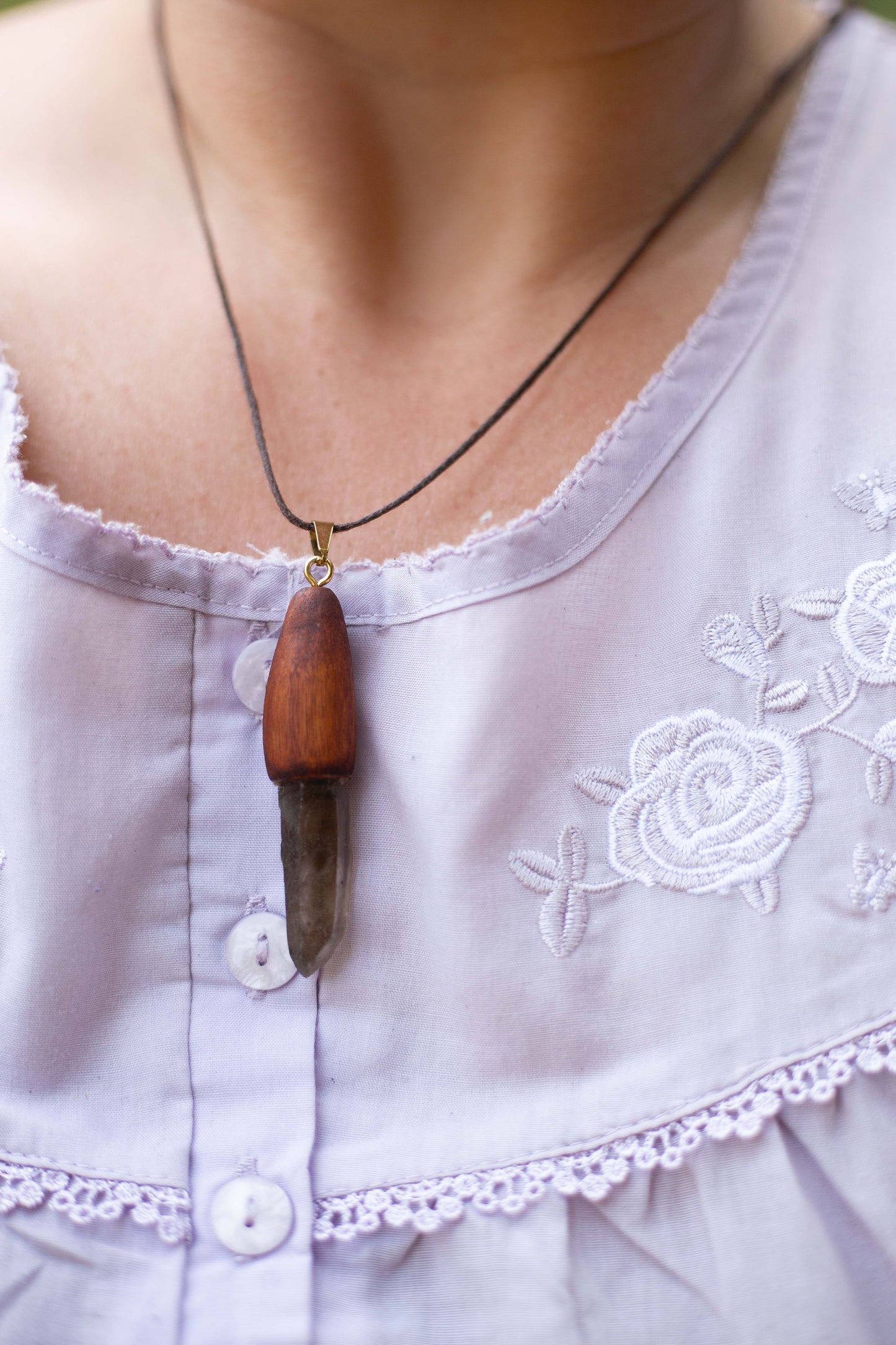 Hand dug Australian smoky quartz and eucalyptus timber pendant