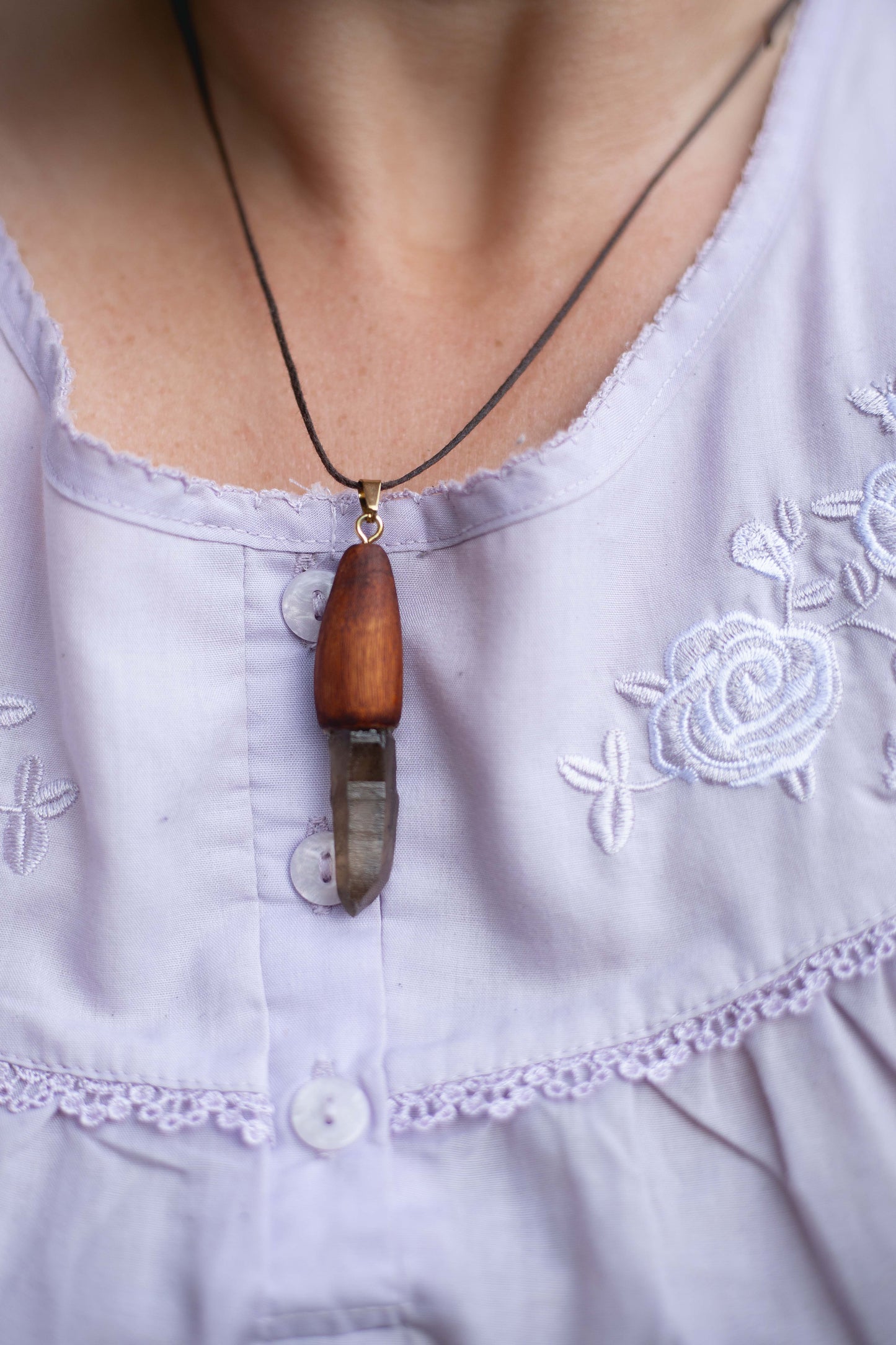 Hand dug Australian smoky quartz and eucalyptus timber pendant