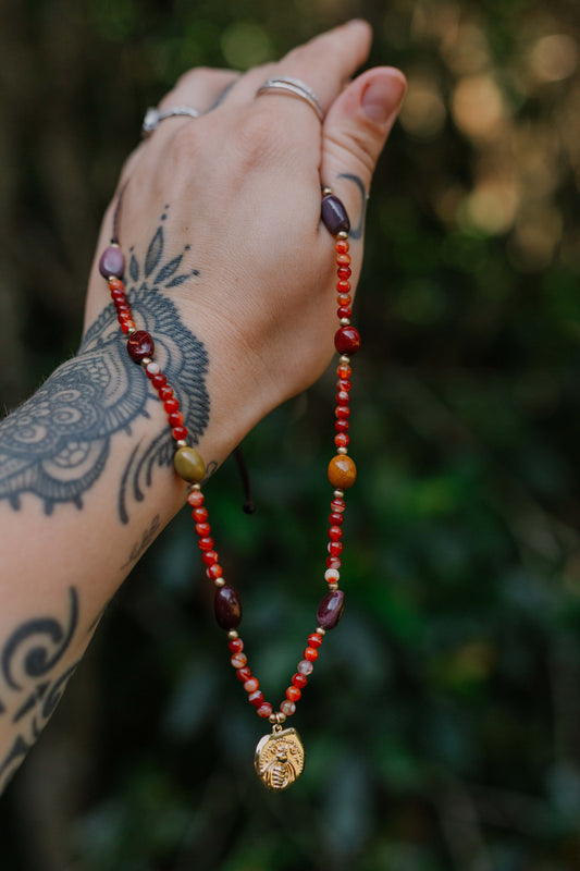 Carnelian agate & Mookaite necklace with gold plated bee pendant