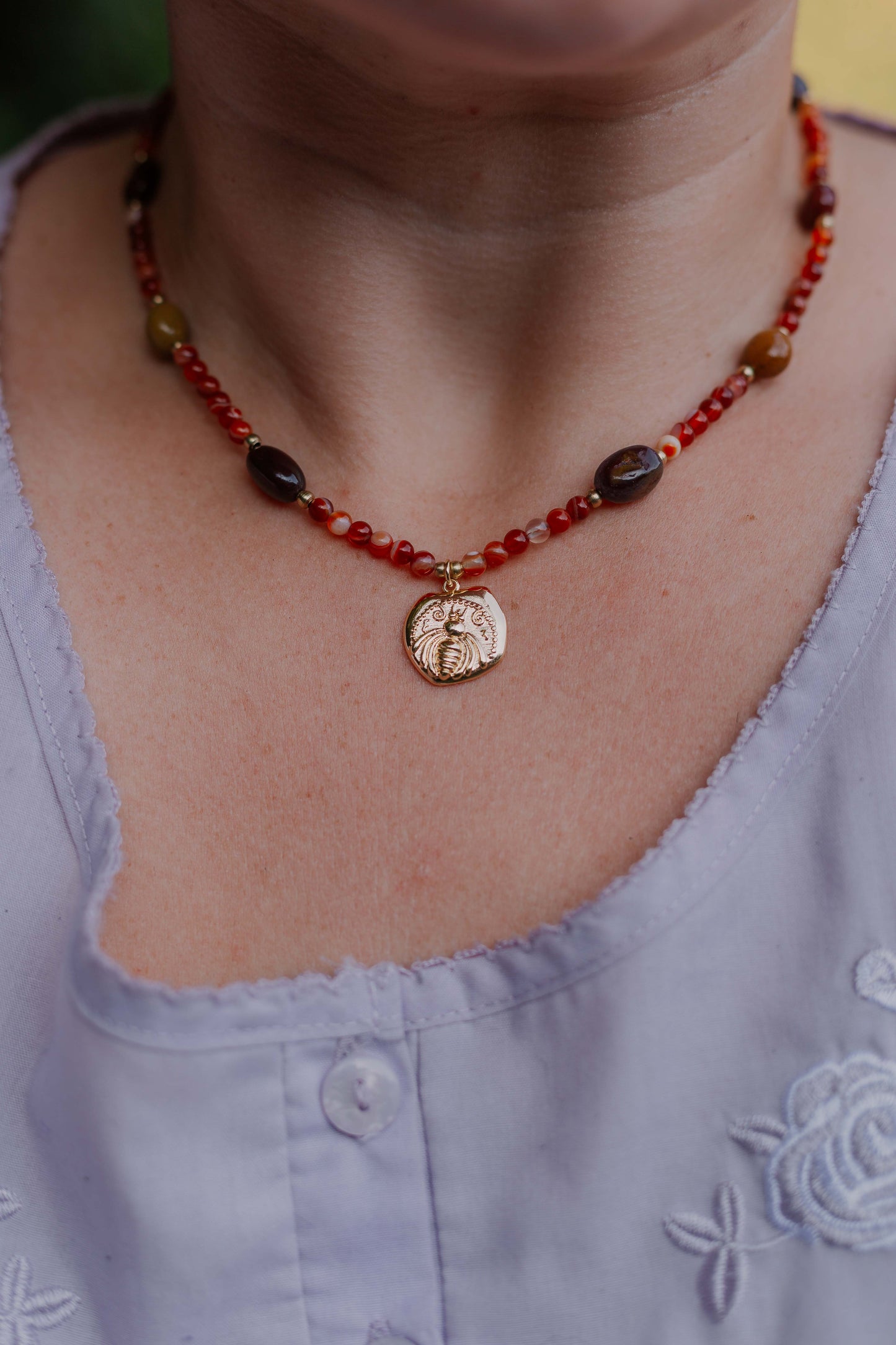 Carnelian agate & Mookaite necklace with gold plated bee pendant
