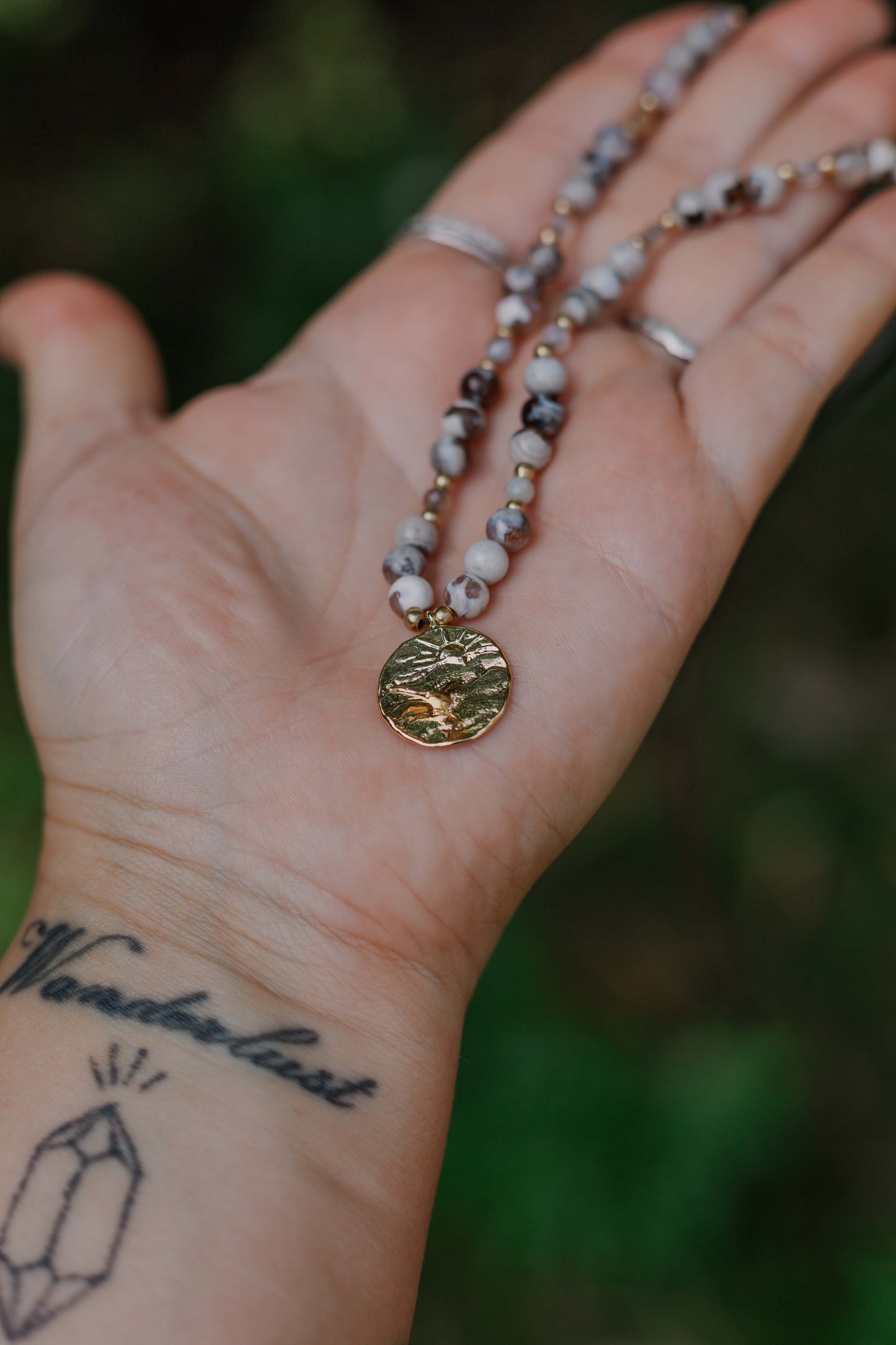 Orca agate and gold plated whale tail necklace