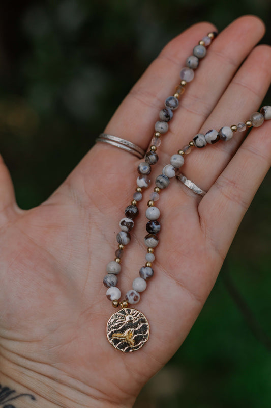 Orca agate and gold plated whale tail necklace