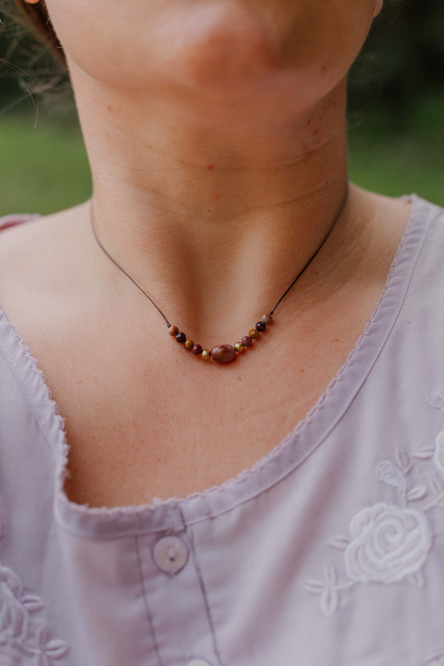 Dainty faceted mookaite and brass necklace