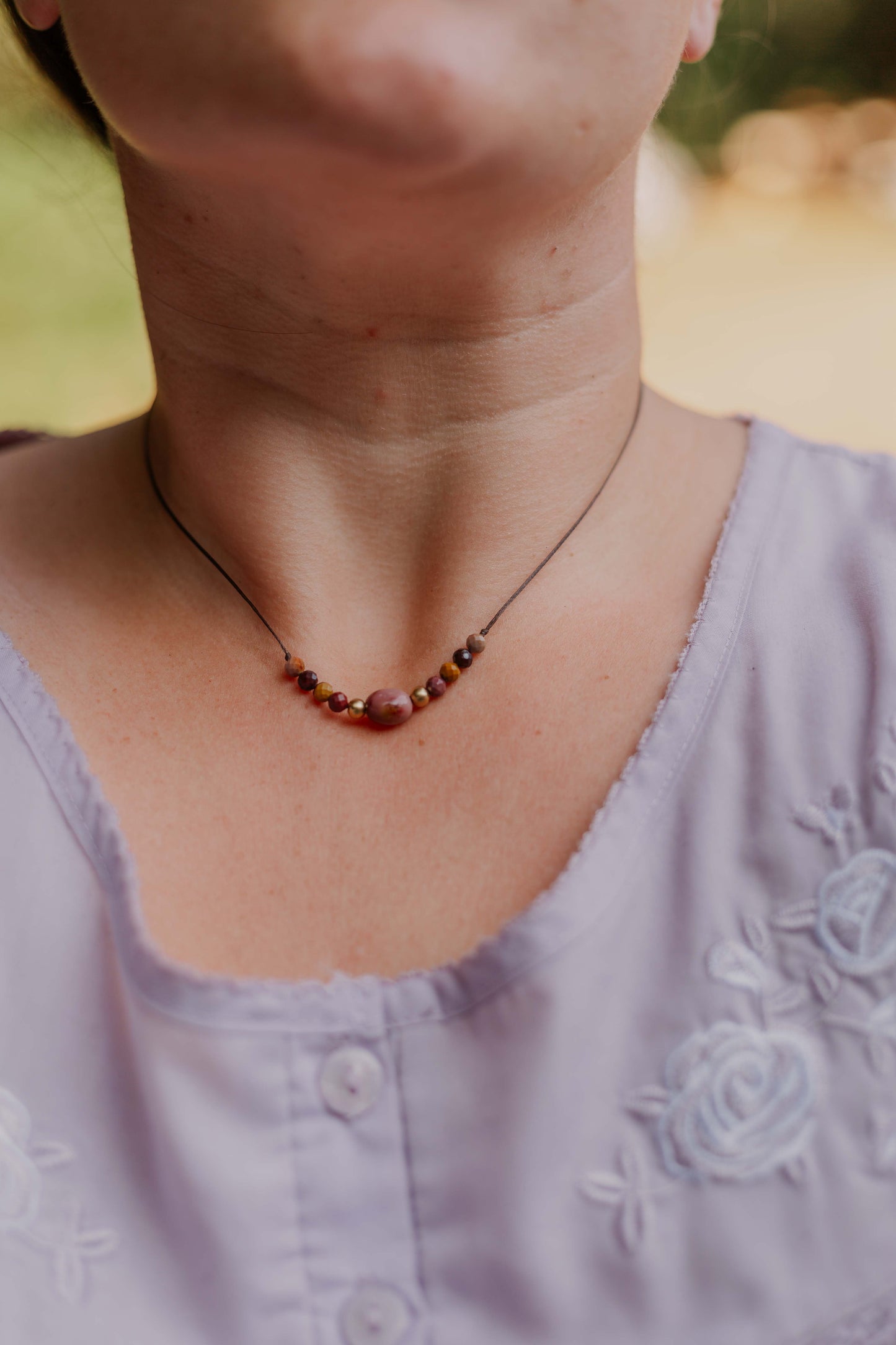 Dainty faceted mookaite and brass necklace