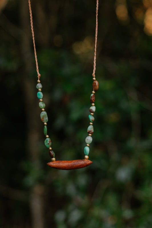 Australian chrysoprase and hand-carved Eucalyptus timber necklace