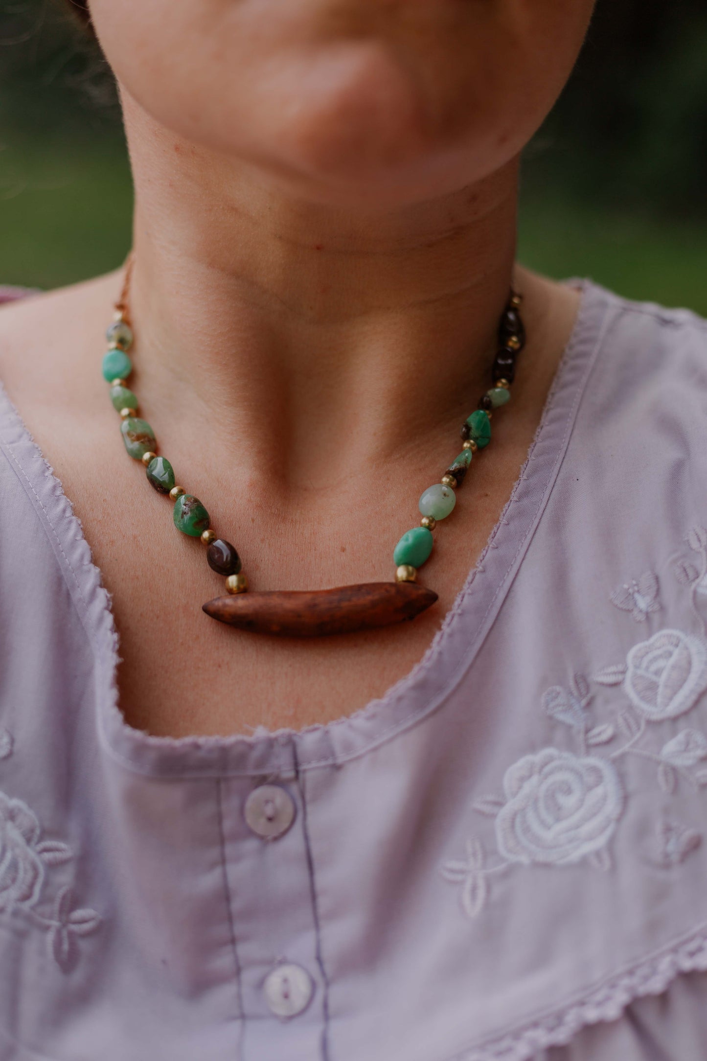 Australian chrysoprase and hand-carved Eucalyptus timber necklace