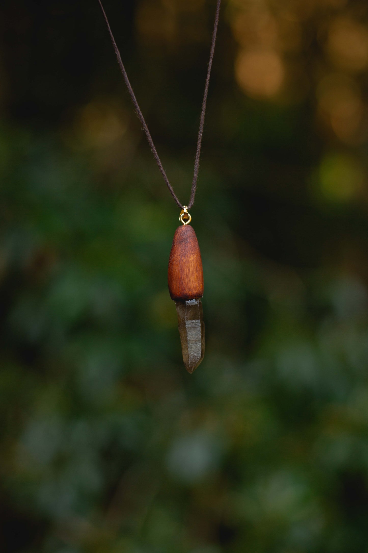 Hand dug Australian smoky quartz and eucalyptus timber pendant