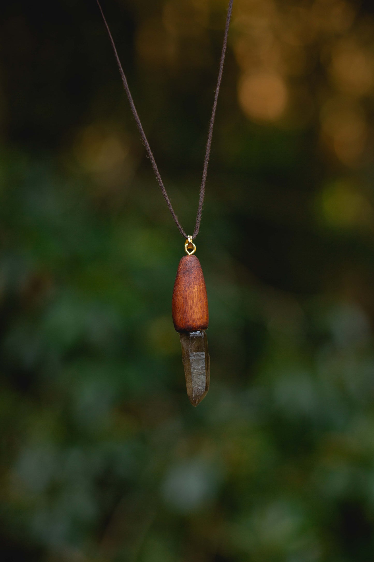 Hand dug Australian smoky quartz and eucalyptus timber pendant