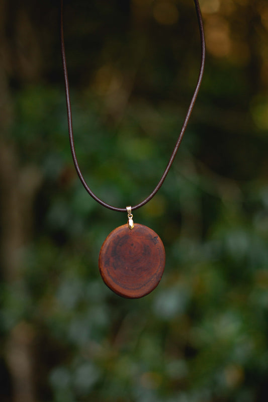 Hand-carved eucalyptus slice pendant on gold-plated bail
