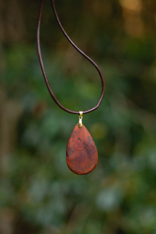 Hand-carved eucalyptus tear drop slice pendant on gold-plated bail